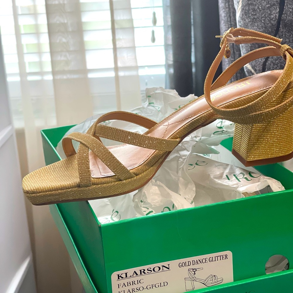 Beautiful Gold sparkle ankle strap sandal. Perfect for homecoming, weddings.